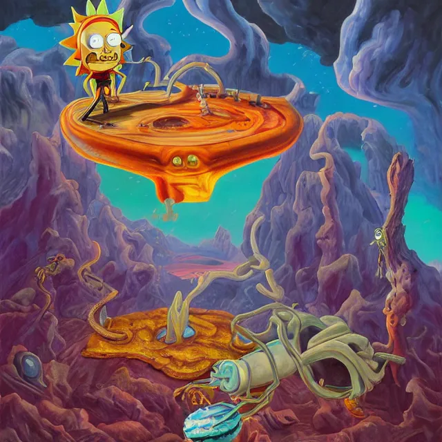 Prompt: A surrealist oil painting by Salvador Dali of Rick and Morty mind-blowing details, highly detailed, cinematic, smooth, sharp focus, trending on DeviantArt, hyper detailed, full of color, digital art, Vibrant colors