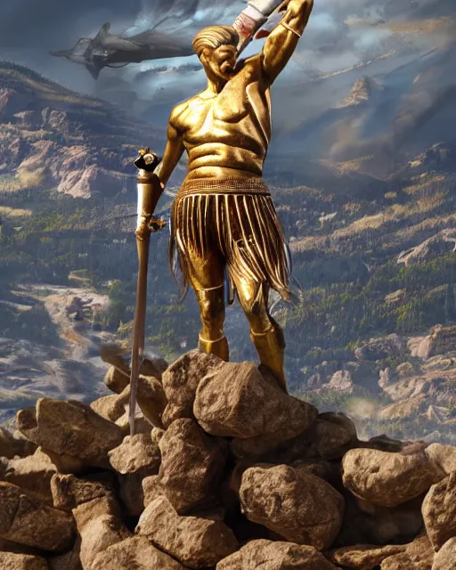 Prompt: a gigantic 1 0 0 0 foot bronze statue of a president donald trump holding his spear and shield, god of war, fantasy landscape, thousands of tiny onlookers, photorealistic, atmospheric