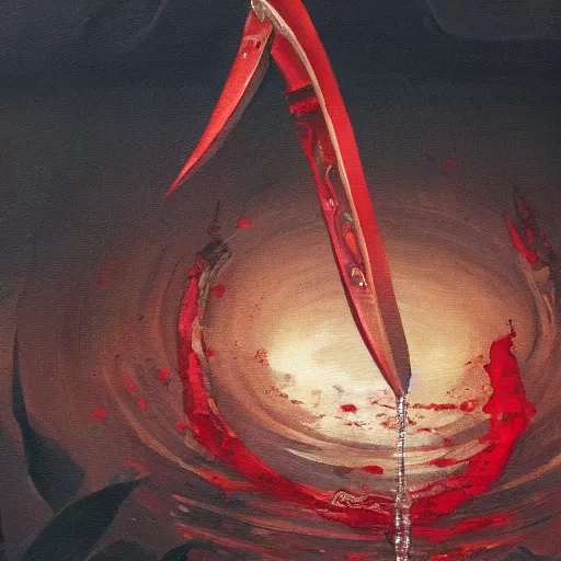 Prompt: “ evil cursed dagger floating above a sea of blood, huh detail oil painting with reflections ”