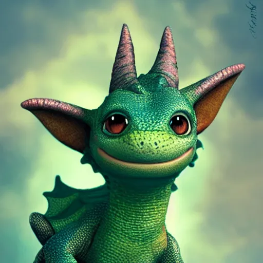 Image similar to a cute little baby dragon, portrait, pixar style, extremely realistic photo, heaven background, cinematic lighting, award winning creature portrait photography