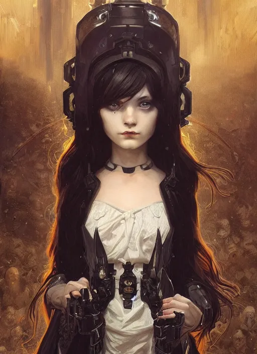 Prompt: portrait of cute little gothic girl, warhammer 40000, cyberpunk, intricate, elegant, highly detailed, digital painting, artstation, concept art, smooth, sharp focus, illustration, art by artgerm and greg rutkowski and alphonse mucha and Gustav Klimt