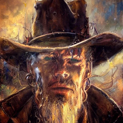 Image similar to portrait of a corrupted eldritch cowboy in a scenic environment by henry asencio, steampunk, lovecraftian, oldwest, abomination, tentacles, eyes