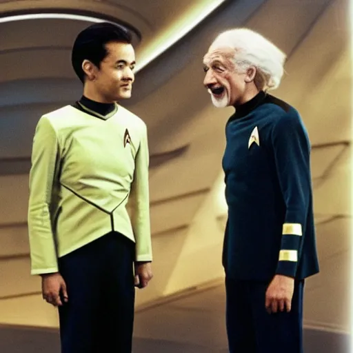 Image similar to Young Eintsein and Old Einstein in starfleet uniforms from the next Star Trek movie