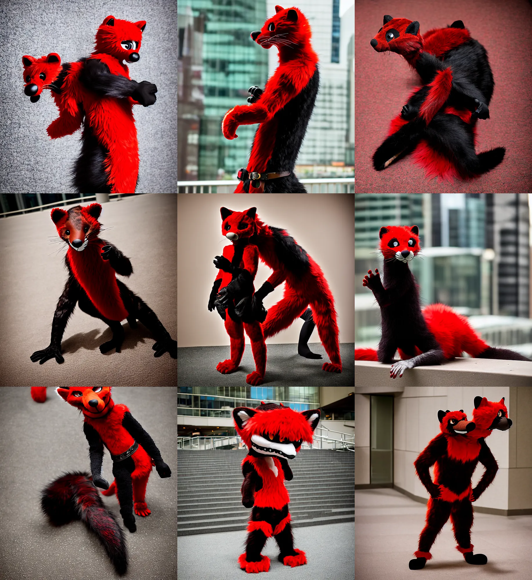 Image similar to fullbody photoshoot photo portrait of a roguish male red - black furred weasel furry fursuiter ( tail attached ), taken at anthrocon ( furry convention )