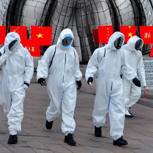 Image similar to chinese soldiers in hazmat suits carrying machine guns, detailed faces, cloud gate chicago, grey skies