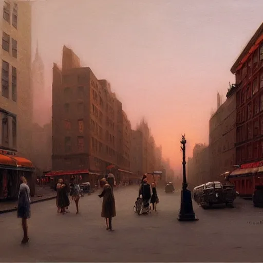 Image similar to a matte painting of nyc streets of soho in the summer, matte painting, dusk, fashion, by rozalski and peter ilsted, artstation