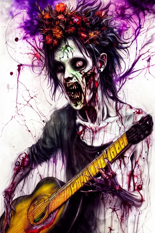 Image similar to zombie punk rocker playing guitar by agnes cecile, brian froud, intricated details, 3 / 4 view, full body portrait, extremely luminous bright design, horror, pastel colours, toxic drips, autumn lights