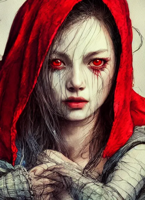 Image similar to portrait, wicked and beautiful little red riding hood, watercolor, dramatic lighting, cinematic, establishing shot, extremly high detail, foto realistic, cinematic lighting, pen and ink, intricate line drawings, by Yoshitaka Amano, Ruan Jia, Kentaro Miura, Artgerm, post processed, concept art, artstation, matte painting, style by eddie mendoza, raphael lacoste, alex ross
