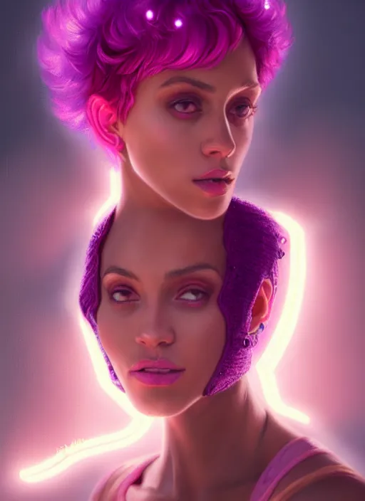 Image similar to portrait of vanessa morgan with bright pink hair, curly pixie cut hair, wearing a purple breton cap, breton cap, hoop earrings, intricate, elegant, glowing lights, highly detailed, digital painting, artstation, concept art, smooth, sharp focus, illustration, art by wlop, mars ravelo and greg rutkowski