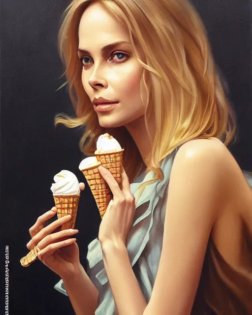 Image similar to portrait of a blonde barbara bach from the bond film eating ice creams in porto, real life skin, intricate, elegant, highly detailed, artstation, concept art, smooth, sharp focus, art by artgerm and greg rutkowski and alphonse mucha