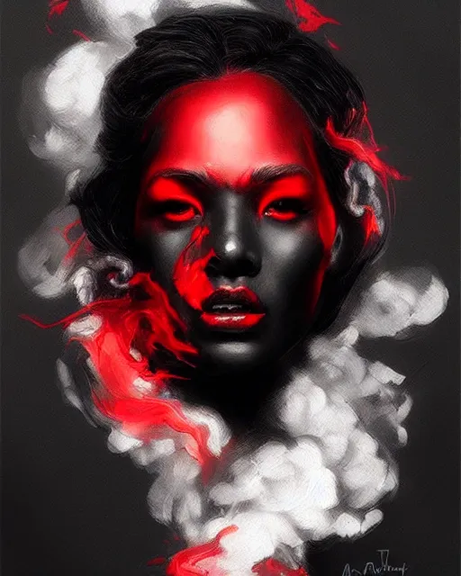 Prompt: molten obsidian cracked ink smoke black red portrait, by artgerm and wlop, tony sart, artstation, radiant light