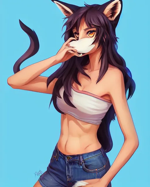 Image similar to fullbody portrait of wild half - fox woman with fox nose and ears, wearing summer jeans shorts and tshirt, anime art, concept art, detailed attractive face with fox nose and fox mouth, symmetrical, trending on pixiv, by lois van baarle by sung choi by john kirby artgerm style pascal blanche and magali villeneuve