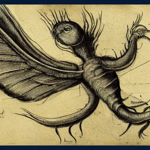 Image similar to leonardo da vinci sketch of a strange worm creature with wings