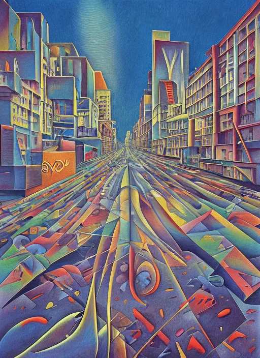 Image similar to A surreal painting of melting calligraphy city streets in 3 point perspective by hr giger and Vladimir kush by dali by kandinsky, 3d, realistic shading, complimentary colors, neon tint, aesthetically pleasing composition, masterpiece, 4k, 8k, ultra realistic, super realistic,