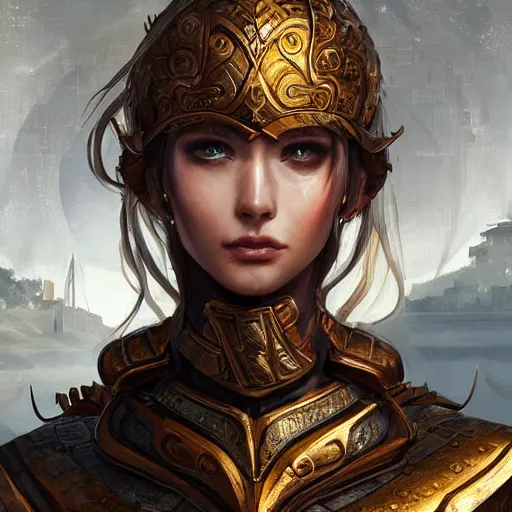 Image similar to portrait knights of Zodiac girl, golden and copper armor, in ruined Agora of Athens, ssci-fi, fantasy, intricate, very very beautiful, elegant, highly detailed, digital painting, artstation, concept art, smooth, sharp focus, illustration, art by WLOP and tian zi and artgerm