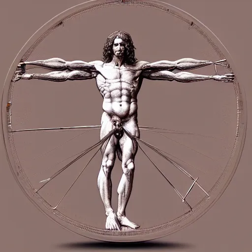 Prompt: Da Vinci's Vitruvian Man as a marble sculpture by Michelangelo, gold ring, 4k, hyper realistic, detailed, accurate anatomy, four legs, four arms, octane render, well lit studio lighting