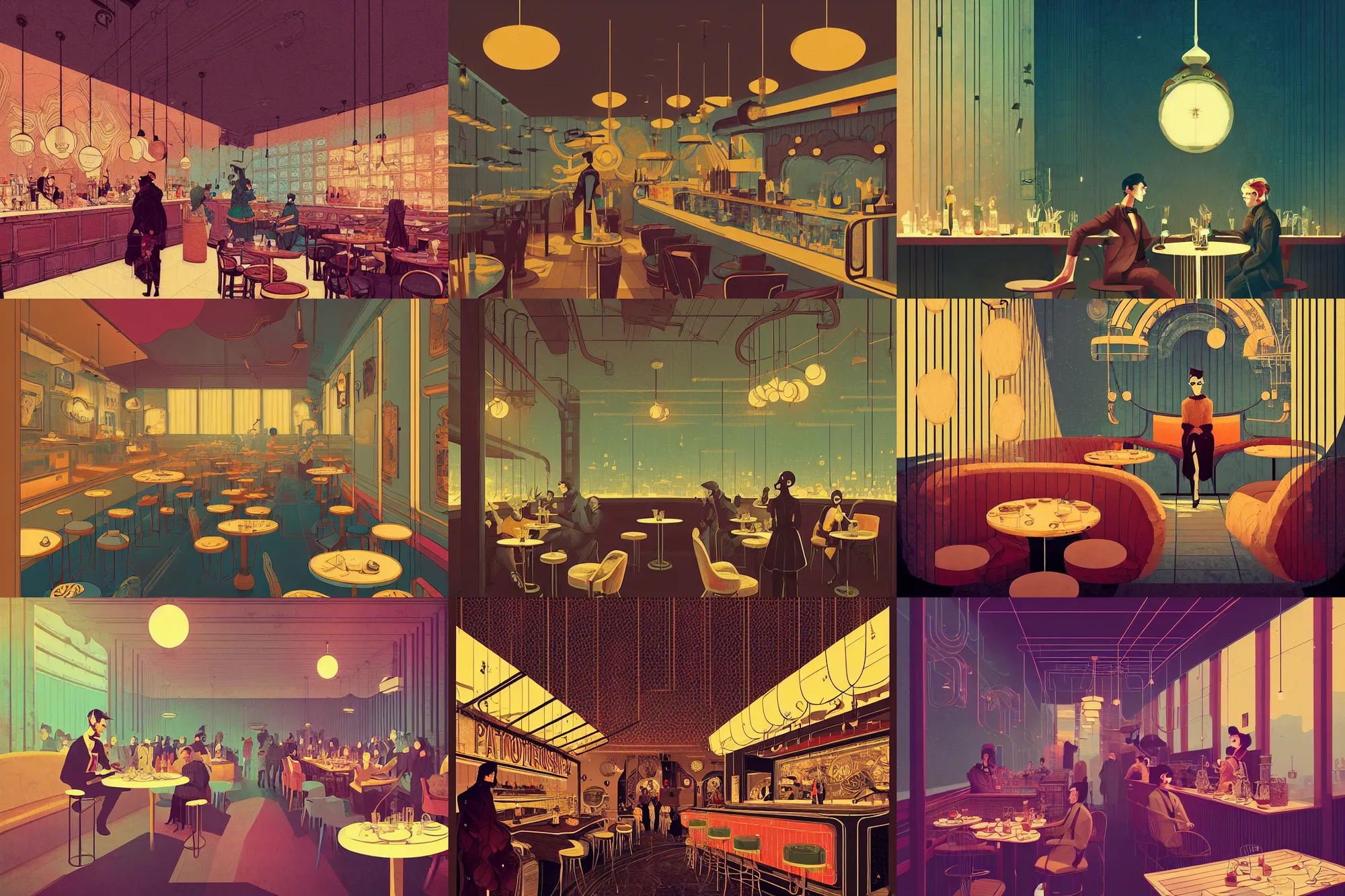 Prompt: ( ( dot shaded ) ) illustrated portrait interior steampunk cafe, modern art deco, colorful, ( ( mads berg ) ), christopher balaskas, victo ngai, rich grainy texture, detailed, muted colors, dynamic composition, matte print, wide angle
