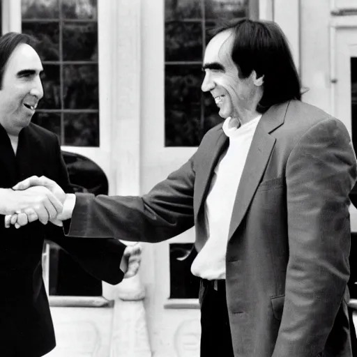 Prompt: nick cage meets carl sagan and they are shaking hands and looking into each other's eyes