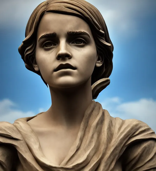 Image similar to stoic statue of emma watson, vaporwave, aesthetic, naturel, symmetrical face, hyper detailed, digital sculpture, trending in artstation, cinematic lighting, studio quality, smooth render, unreal engine 5 rendered, octane rendered