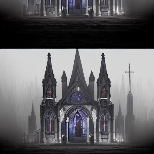 Image similar to victorian church in the middle of the city, dark, misty, at night, 8 k, detailed, concept art, trending on artstation