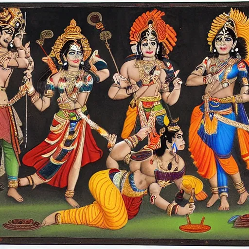 Image similar to indian mythological war of gods, hindu gods, ramayana scene