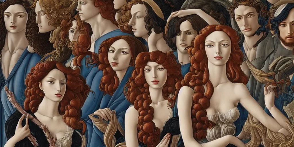 Prompt: the 12 months of the year, represented by 12 figures, of different ages and genders, in a style blend of Botticelli and Æon Flux, stunningly detailed artwork