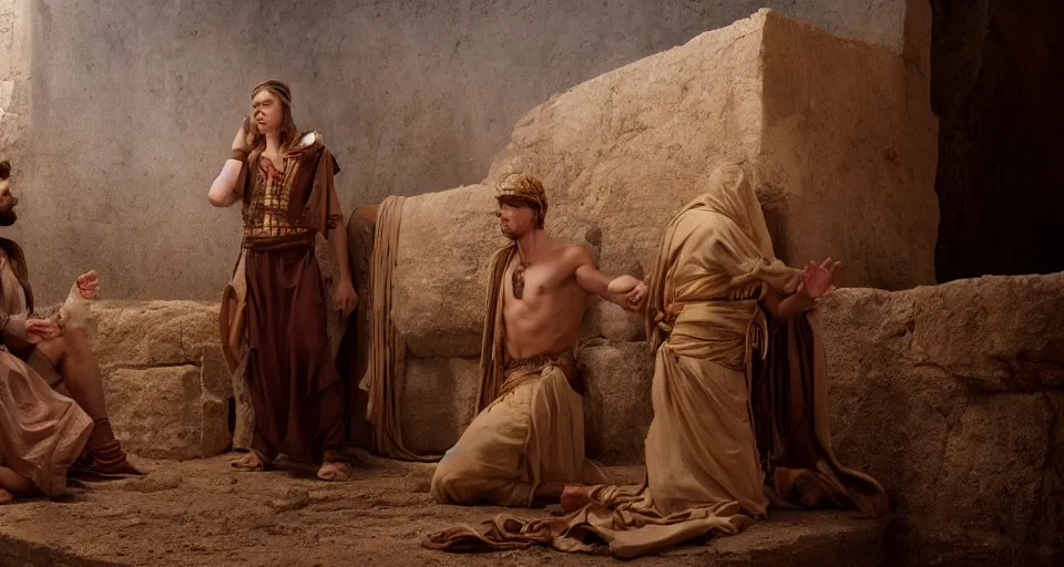 Image similar to award winning cinematic still of 26 year old male in ancient Canaanite clothing meeting 18 year old female in ancient Canaanite clothing, dramatic lighting, establishing shot, high detail, Biblical epic directed by Wes Anderson, HD, wallpaper,