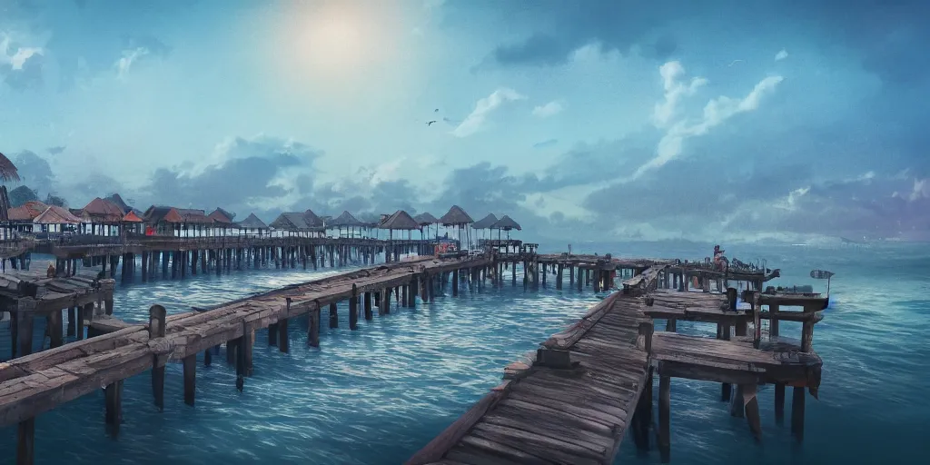 Prompt: pulau indah jetty fishing town in the morning, detailed matte painting, low angle view, telephoto lens, bokeh, studio ghibli, artstation