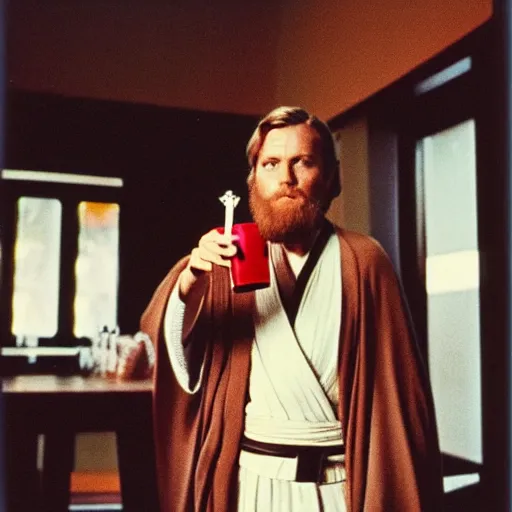 Prompt: obi - wan kenobi drinking a coke in 1 9 8 1, spontaneous portrait, polaroid, rule of thirds