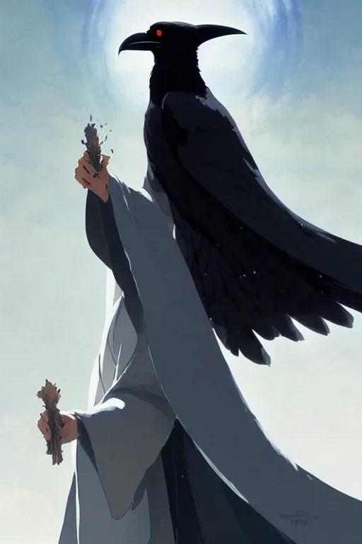 Image similar to raven headed warlock doing magic spells wind, white robes, finely detailed perfect face, exquisite details, mid view, design on a white background, by studio muti, greg rutkowski makoto shinkai takashi takeuchi studio ghibli