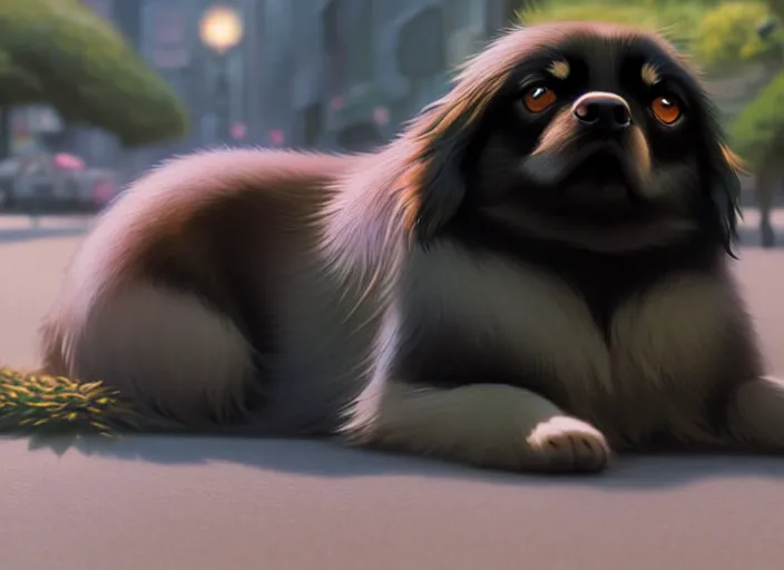 Image similar to a wholesome animation key shot of a black tibetan spaniel, laying down, sad, on a wet tokyo street, studio ghibli, pixar and disney animation, sharp, rendered in unreal engine 5, anime key art by greg rutkowski, bloom, dramatic lighting