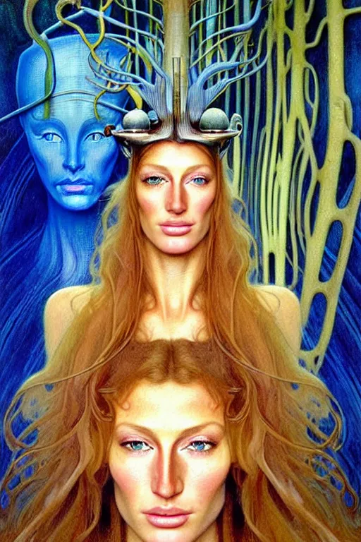 Image similar to realistic detailed face portrait painting of a beautiful gisele bundchen with blond hair with sci-fi headwear, futuristic sci-fi forest on background by Jean Delville, Amano, Yves Tanguy, Alphonse Mucha, Edward Robert Hughes, Roger Dean, moebius, hilma af klint, rich moody colours, blue eyes