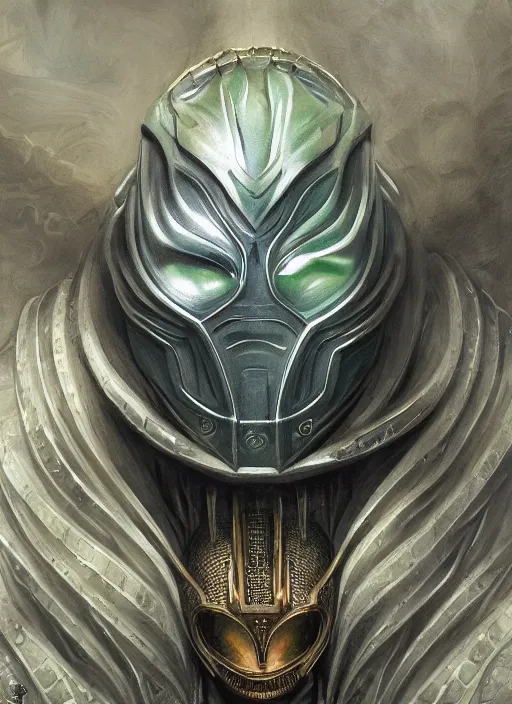 Image similar to mf doom reptile eyes, twotone metallic skin. intricate, elegant, highly detailed, centered, digital painting, artstation, concept art, smooth, sharp focus, illustration, artgerm, tomasz alen kopera, peter mohrbacher, donato giancola, joseph christian leyendecker, wlop, frank frazetta