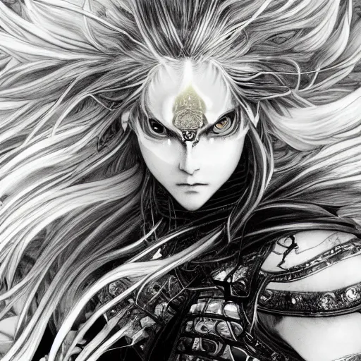 Image similar to Yoshitaka Amano realistic illustration of an anime girl with black eyes, wavy white hair fluttering in the wind and cracks on her face wearing Elden ring armour with engraving, abstract black and white patterns on the background, noisy film grain effect, highly detailed, Renaissance oil painting, weird portrait angle, blurred lost edges, three quarter view