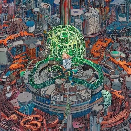 Image similar to hyper detailed aerial top down comic illustration of a man eaten by a machine in the centre of the composition, encircled by cybernetic gateways, by Josan Gonzalez and Geof Darrow and peter doig, very detailed, 4k, highly detailed, 8k wallpaper