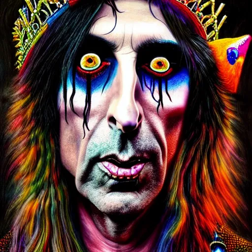 Image similar to An extremely psychedelic portrait of Alice Cooper wearing a crown, surreal, LSD, face, detailed, intricate, elegant, lithe, highly detailed, digital painting, artstation, concept art, smooth, sharp focus, illustration