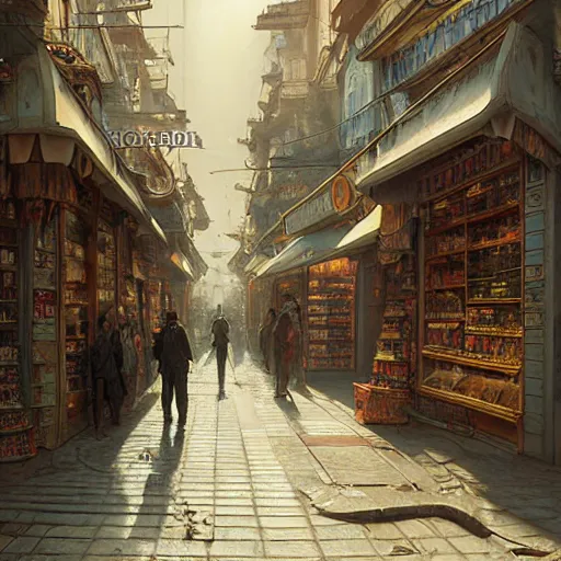 Prompt: A fantasycore of a convenience store of 2022 portugal lisbon on the street of a very highly detailed logital eldritch city matte painting art by Greg Rutkowski, a 12x(very) much logical detailed Dimensional cyan gold natural light, highly logical and striking detailed architecture by alphonse mucha