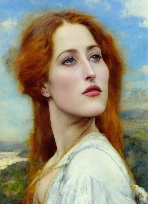 Image similar to a beautiful painting of young gillian anderson by juan luna, pre-raphaelite, detailed, trending on artstation, hd, masterpiece