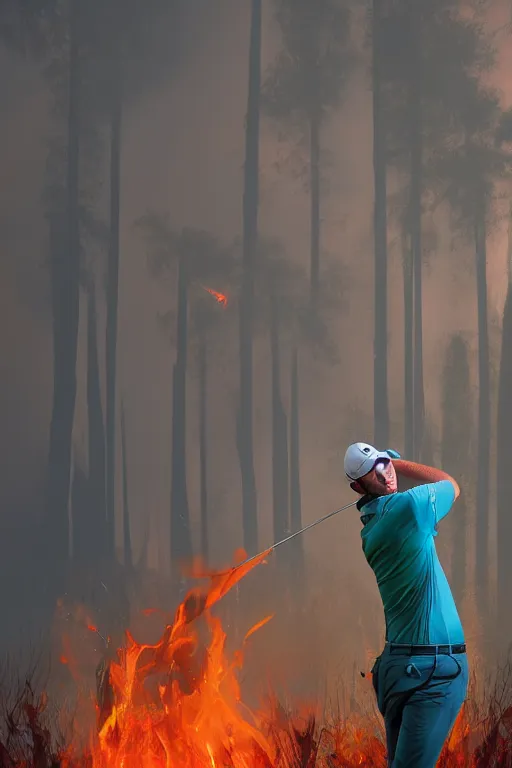 Prompt: close-up of a golf player on a lush golf course with a burning forest far away, digital painting, 4k, rays of light, particles light, by sasha kalinkin