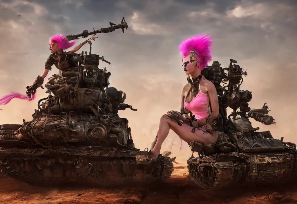 Prompt: beautiful apocalyptic tank girl with pink Mohawk, posing on mad max panzer tank, 4k ultra hd, fantasy dark art, artstation, octane render