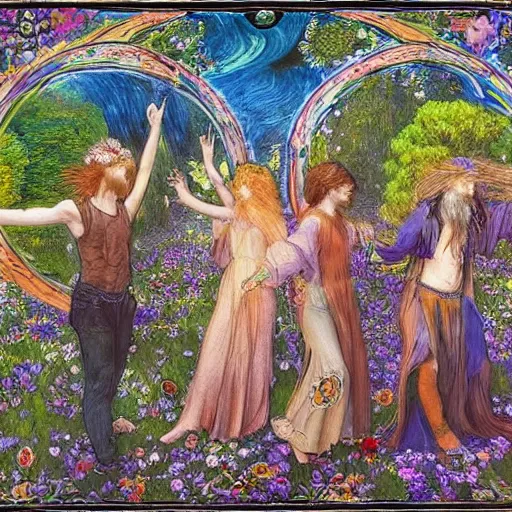 Image similar to preraphaelite hippies dancing in a flower forest, magic occult ceremony ritual summoning guitar, flowing forms, viewed from below, ultra wide angle, beautiful sky, highly detailed