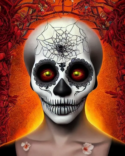 Image similar to dia de los muertos theme surrealist art in the styles of igor morski, jim warren, and a tim burton film, intricate, hyperrealistic, accurate facial details, profile picture with chromakey!!!!! background, volumetric lighting