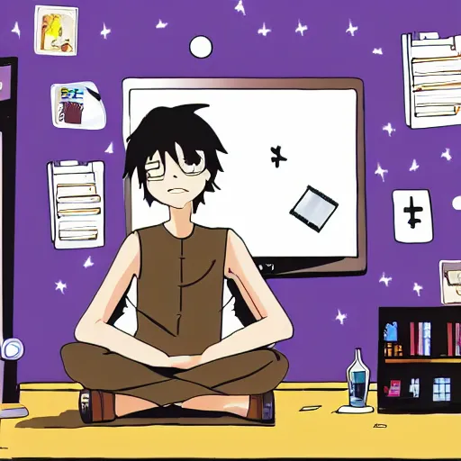 Image similar to a skinny computer nerd guy sitting on the floor of his room, crossed legs, laptop, smartphone, video games, tv, books, potions, jars, shelves, knick knacks, tranquil, star charts, calm, sparkles in the air, magic aesthetic, fantasy aesthetic, faded effect, by Studio Ghibli