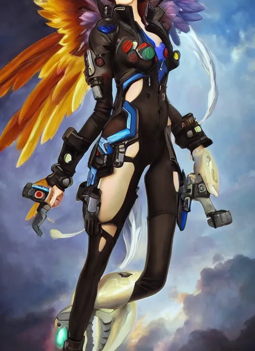 Image similar to full body oil painting of tracer overwatch in the style of sophie anderson, angel wings, black outfit, dramatic painting, wearing steel collar,