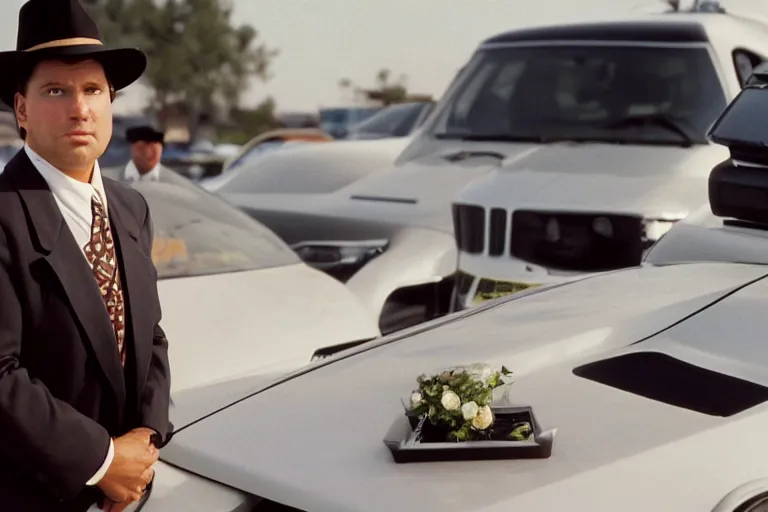 Image similar to cinematic still of portly clean-shaven white man wearing suit and necktie and boater hat at car dealership in 1994 film, XF IQ4, f/1.4, ISO 200, 1/160s, 8K, RAW, dramatic lighting, symmetrical balance, in-frame