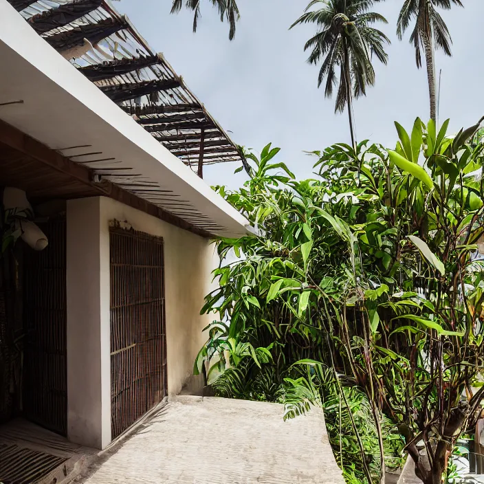 Image similar to idyllic town house on a quiet street in lagos, tropical architecture with sun shading and pergolas, modernist african building, contemporary architecture, architectural photography, canon eos r 3, telephoto lens, sigma 5 0 0 mm f / 5, iso 2 0 0, 1 / 1 6 0 s, 8 k, raw, unedited, in - frame