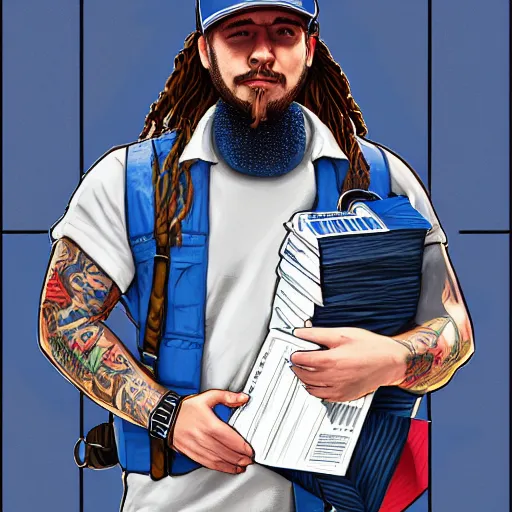 Image similar to a closeup photorealistic illustration of post malone delivering mail as american mail carrier with blue bag. fine detail. this 4 k hd image is trending on artstation, featured on behance, well - rendered, extra crisp, features intricate detail, epic composition and the style of unreal engine.