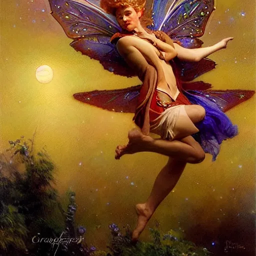 Prompt: attractive fairy magically floating high in the night, fantasy, full moon in background. highly detailed painting by gaston bussiere, craig mullins, j. c. leyendecker, mid shot, 8 k