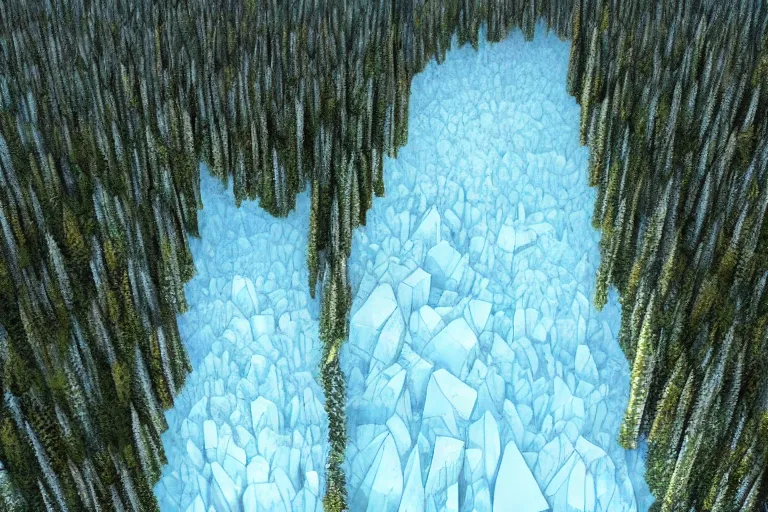 Image similar to areal view of a mile tall ice wall, spanning a continent, dividing a green forest, fantasy, digital art, brilliant, trending on artstation