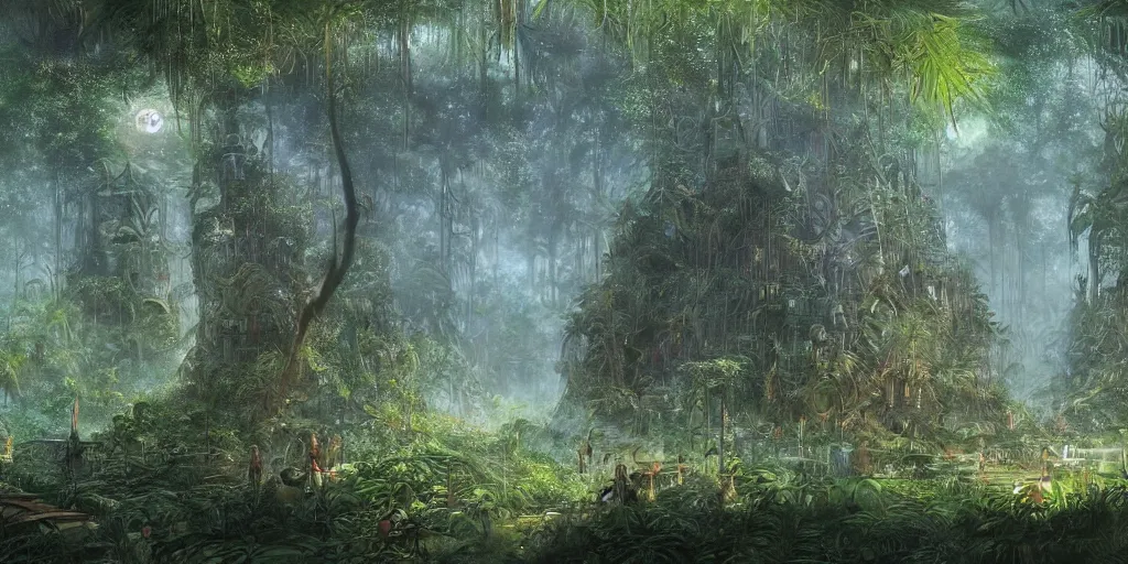 Image similar to Artwork of the Cinematic view of The Glittery Jungles by John Howe, Trending on artstation, Glittery